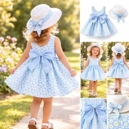 Image of Bold N Elegant Baby-Girl's Summer Sleeveless Cotton Floral Heart Print Princess Midi Dress Frock Tutu with Hat for Girls