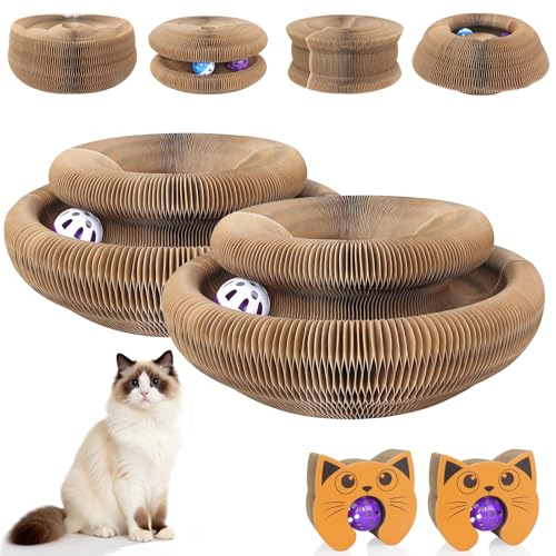 EXTFANS Tiragraffi per Gatti Interattiva con Palla Giocattolo, Cuccia per Gatti Rotondo Pieghevole, Tiragraffi per Gatti per la Casa per Animali Domestici (Set da 2)