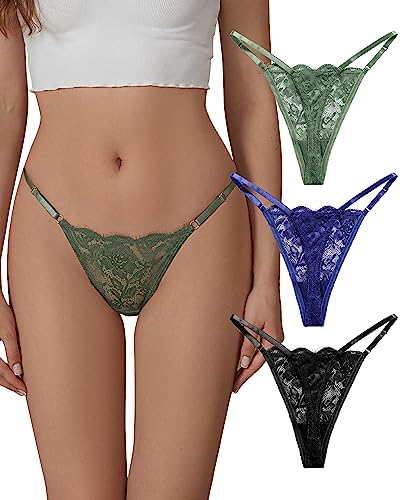 Image of SHARICCA Lace G-String Thongs for Women Adjustable Sexy Low Rise Underwear Breathable T-back Thongs Panties 3 Pack