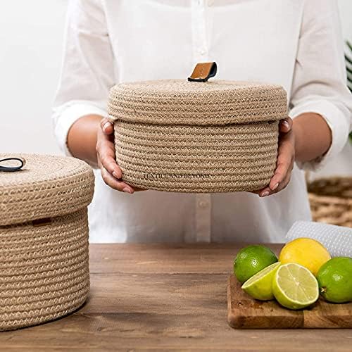 boho round mini rope paper storage jute woven Shelf basket hamper baby nursery tray bucket organizer gifts set of 2 for kids toys,fruits,living room,bathroom,kitchen,office set 01.1