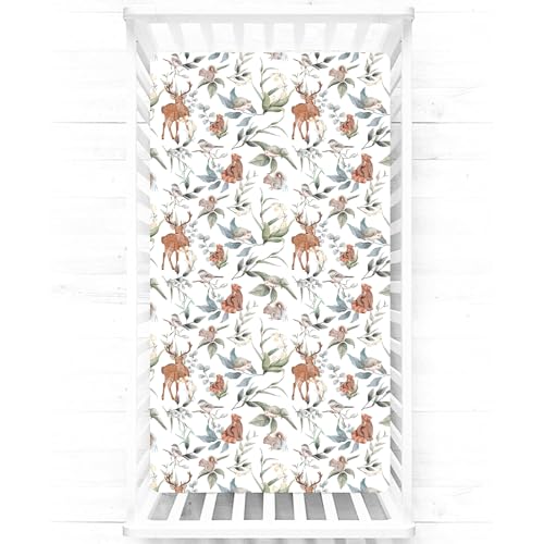 Image of TANOFAR Crib Sheets Fitted for Boys and Girls, Stretch Soft Baby Crib Fitted Sheet for 28x52 Inches Standard Size Crib and Toddler Mattress, Leaf Animal