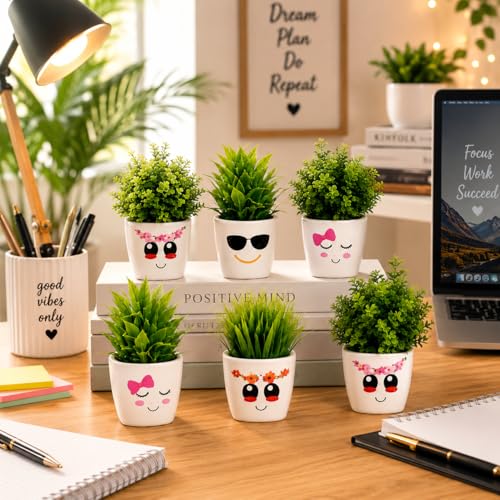 Image of Artificial Smiley Face Plant Pots with Artificial Plants | Cute Mini Flower Pots for Home Decor, Office Desk, Study Table, Living Room, Balcony | Indoor Planter Set | Pack of 6