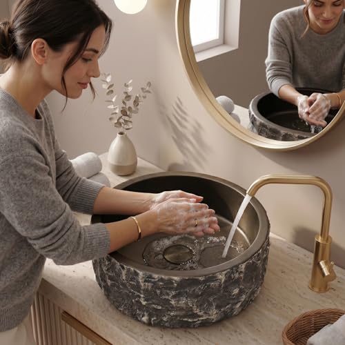 Image of BASSINO 16x16x6 Inches Artificial Stone Table Top Washbasin /Premium Counter Top Wash Basin Matte Black-Bronze with Stone Textured /Modern Rock Basin for Home-Hotel /Designer Round Shape Sink(Matt)