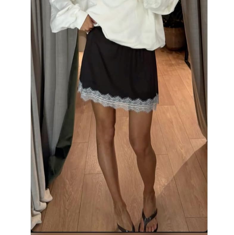 Satin Silk Mini Skirt Women Low Rise Lace Trim A Line Layered Underskirt Half Slip Short Skirts Y2k Shirt Extender3