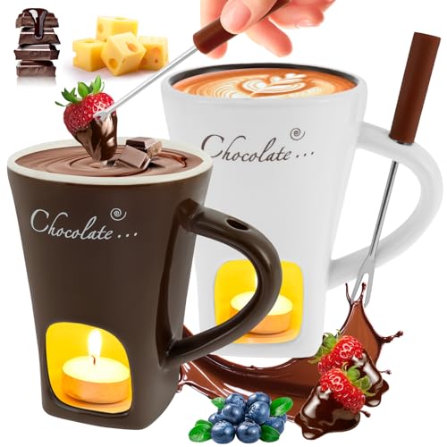 Fondue Mug, 2 Sets Ceramic Chocolates Fondue Mugs Set, Sweet Fondue Cup Kit, Chocolates Melting Mug, Butter Warmer Set, Fondue Pot Melting Pot Set, Melt Hot Pot Bowl Set for Cheese Chocolate Butter