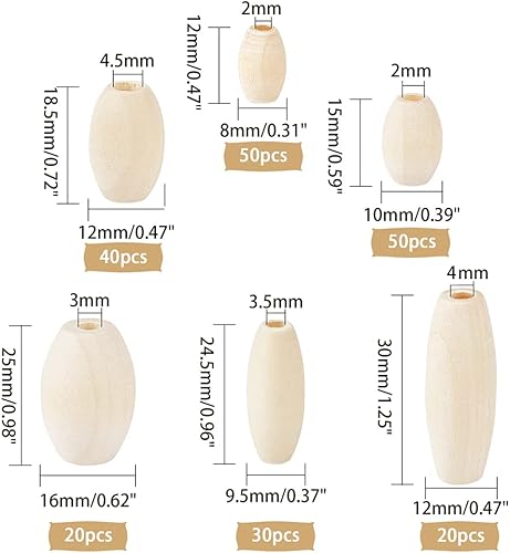 Miniatura 2 de OLYCRAFT 210 cuentas ovaladas de madera natural, cuentas de madera natural de tamaño mixto, cuentas de barril de madera sin terminar, cuentas