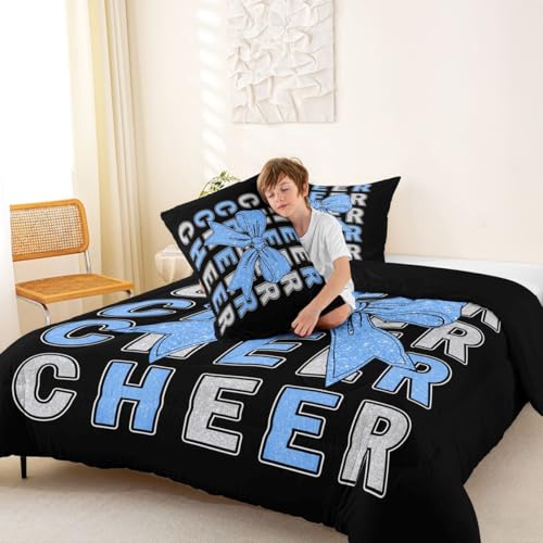 Image of Feelyou Blue Cheer Bow Comforter Set All Season Glitter Cheerleader Bedding Set with 2 Pillow Cases Cheerleading Microfiber Kids Queen Bedclothes Sport Bedroom Decor Duvet Quilt Soft Lightweight