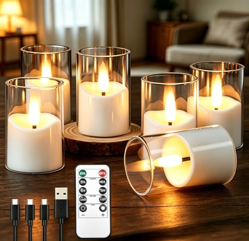 YTRUSTIX Rechargeable Flameless Tea Light Candles with Timer Remote 1.7x2.5 Acrylic Small Votive Electric LED Candles Battery Operated for Home Aniversary Wedding Holiday Decor (Pack of 6 White)