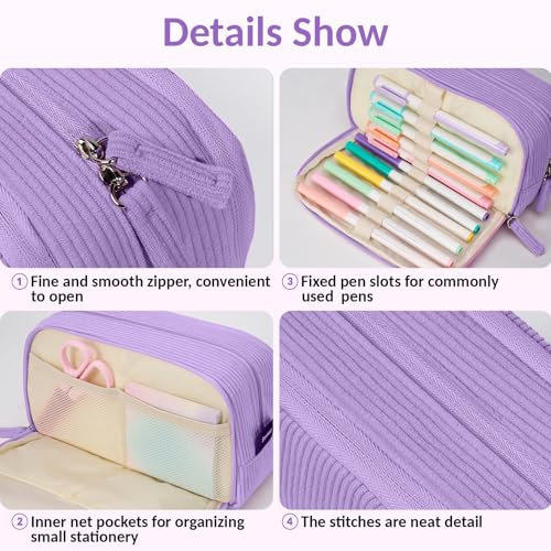 Image of Sooez Big Capacity Pencil Case Pen Pouch, Soft Corduroy Pencil Bag with 3 Compartment, Multiple Pockets, Sturdy Zipper, Cute School Supplies Pen Bag Organizer For Teen Girls College, Purple