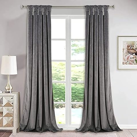 Extra Long Velvet Curtains Pair - Super Soft Plush Velvet Drapes with Tab Top Knotted Design, Room Darkening Curtain Panels for Living Room Sliding Glass Door, Grey, W52 by L108-inch, Set of 2 Cover