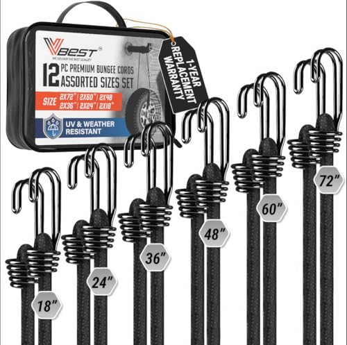 VBEST Bungee Cords Heavy Duty Outdoor - 12 Pcs Bungie Cords with Hooks in A Storage Bag Includes 18