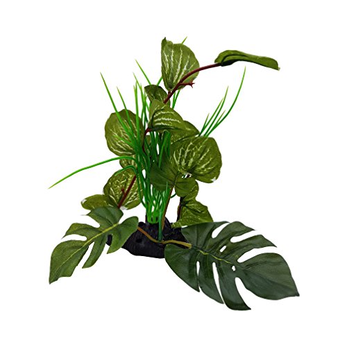 Attractive Silk Leaf and Grass Aquarium Plant 9 Inch Tall, Artificial Fish Tank Foliage Ornament Aquascape Plant on Wood Made from Fabric & Resin | Branch Drift Wood & Green Plants Fish Tank Decor