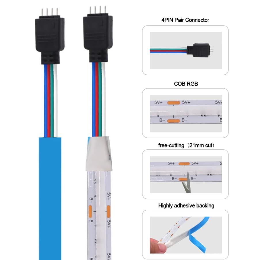 Tira LED flexible RGB 5V 5m COB 576 LEDs/m miniatura 5