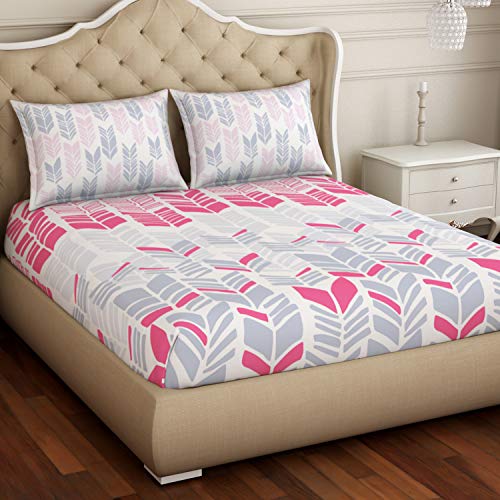 Image of Spaces Atrium Plus 210 TC 100% Cotton Queen Size Fitted Double Bedsheet with 2 Pillow Covers (Geometric, 60 inch X 78 inch Inches ) - Pink