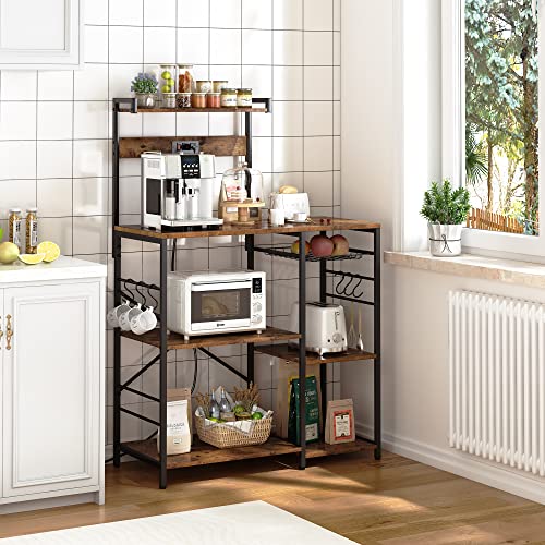 Superjare Bakers Rack With Power Outlet, Microwave Stand, Coffee Bar With Wire Basket, Kitchen Storage Rack With 6 S-Hooks, Kitchen Shelves For Spices, Pots And Pans - Vintage Brown #TOP1
