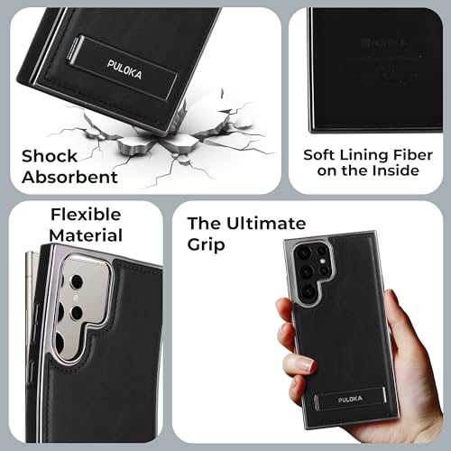 Image of PULOKA Chrome Leather Back Case - Compatible with Samsung Galaxy S25 Ultra - Luxury Bumper Case - Flexible Vegan Leather - Electroplated Sides - Full Camera Protetection & Raised Edges - Black