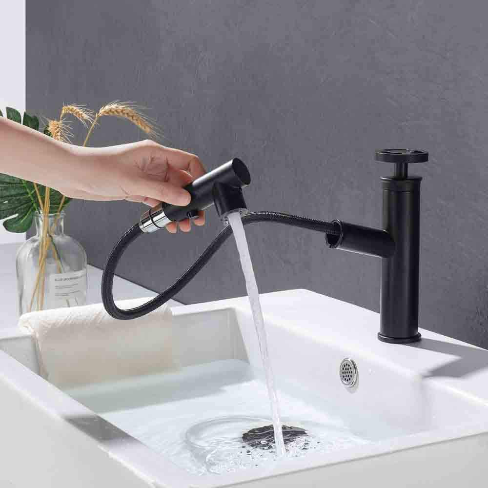 VOMI Badarmatur Im Vintage-Industrie-Look – Schwarzer Einhebelmischer Aus Messing Mit Abnehmbarem Strahlregler