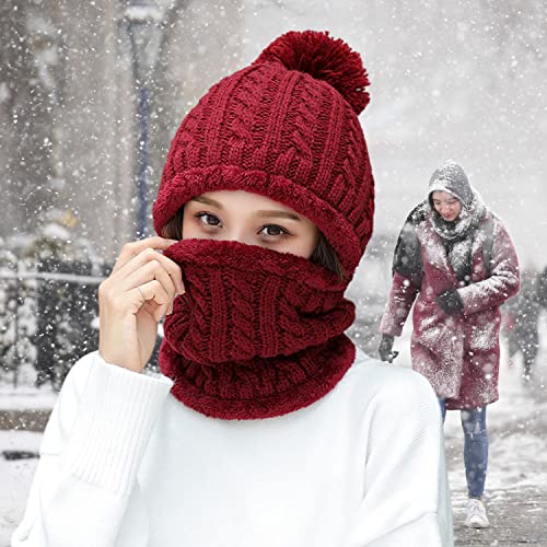 Huamulan Women Winter Beanie Hats One-Piece Fleece Lined Knit Balaclavas Mask Set Skull Neck Circle Scarf Ski Snow Hat Cap With Pompom #TOP3