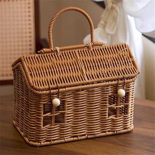 Rustic Rattan House Shaped Basket with Li Hand Woven Wicker Storage Organizer with Folding Handle Decorative Fruit Basket for Home Storage Picnic Easter Toy Organizer Harvest Baskets