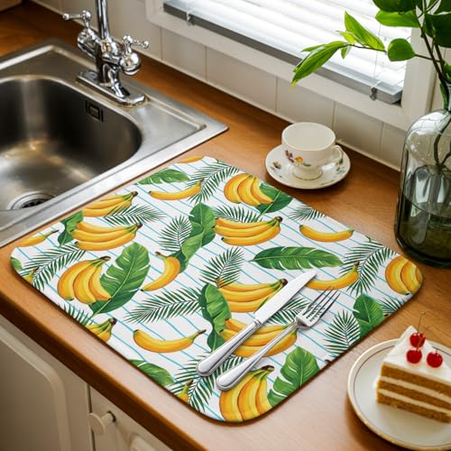 Kitchen Drying Mat Set of 1, Tropical Leaves Fruit Bananas