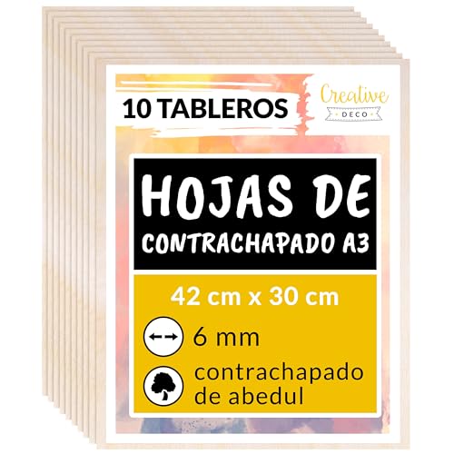 Creative Deco 10 x A3 Tablero Madera Manualidades Contrachapado | 420 x 300 x 6 mm (+/- 2mm) | Chapa Maciza Abedul Maderas para Bricolaje | Pirograbado, Corte por Laser, CNC Router, Modelado