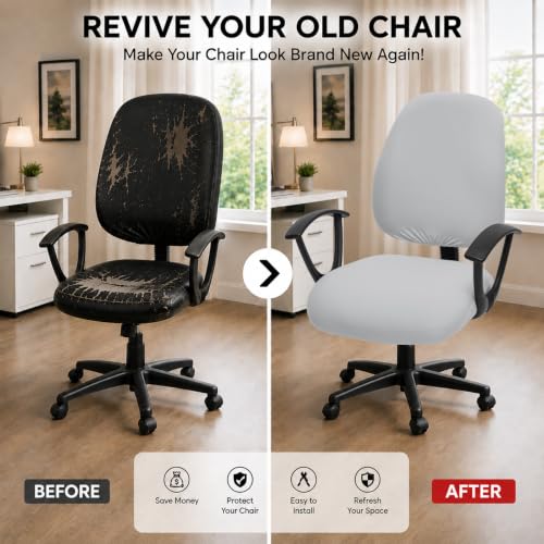 Image of Stretchable Desk Office Chair Seat Covers - Universal Stretch Computer Chair Slipcover Washable Rotating Backrest Coverings & Cushion Protectors for Dogs, Cats, Pets, Light Gray