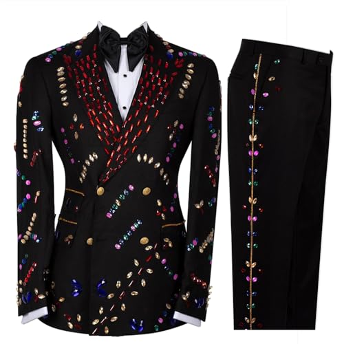 2 Piece Men's Tuxedo Black Suits Luxury Crystal Colored Stone Slim Formal Blazers Jacket Pants Sets for Party,Prom