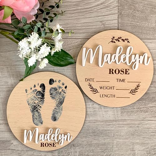 Custom Baby Footprint Signs, Personalized Baby Announcement Sign with Birth Stats, Baby Welcome Signs for Hospital, Newborn Birth Announcement Signs, Custom Engraved Wood Baby Name Sign (Design 2)