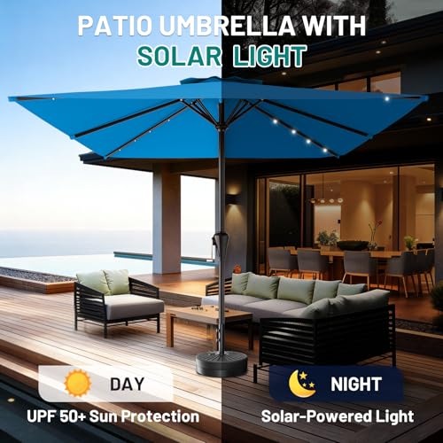 Image of AreShark 8' X 10' Rectangular Patio Umbrella with Solar Lights, Lighted Solar Umbrella with Crank, Outdoor Table Umbrella for Garden, Deck, Backyard, Pool and Beach, Royal Blue