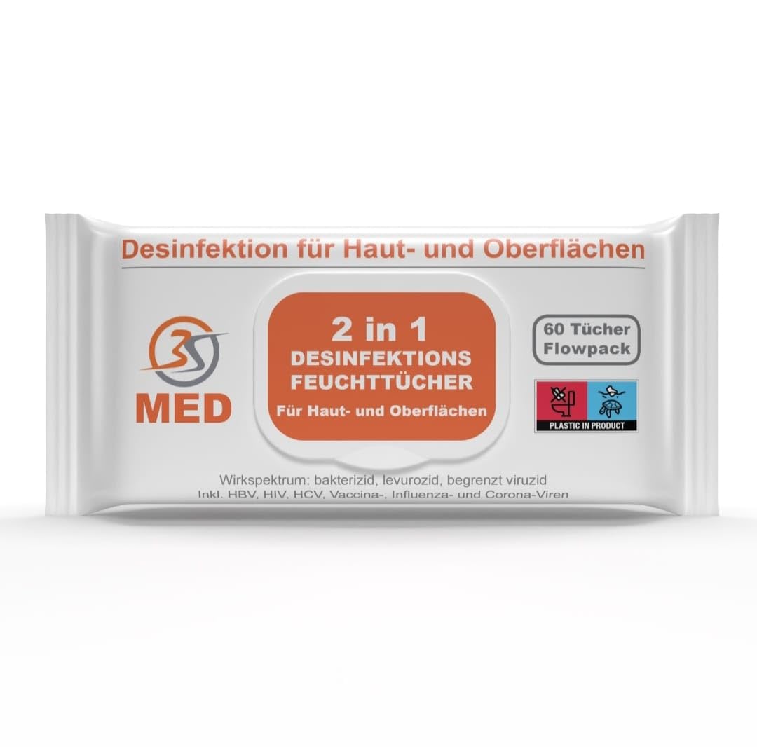 3S MED 2in1 Desinfektions-Feuchttücher für Haut & Oberflächen – 5er Pack (5×60 = 300 Tücher) – alkoholfrei & chlorfrei – 18×20 cm – Einwirkzeit 1 Min.