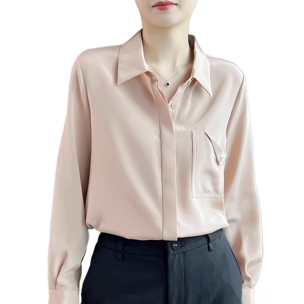 Chemise en soie diamant femme rose S avec poches manches longues
