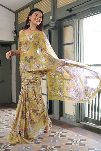 Image of MIRCHI FASHION Women Saree Chiffon Floral Printed | Breathable Lightweight Sari for Regular Home and Office Wear with Blouse Piece