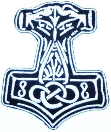 Mjolnir Viking Thor Hammer Loki Odin Skins Patch 7cm(w) X 8.2cm(h) (White on Black) Patch Embroidered Iron on Hat Jacket Hoodie Backpack Ideal for Gift
