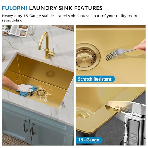 Image of 24 inchx18 inch Undermount Laundry Utility Sink - 16 Gauge 304 Stainless Steel Brushed Gold NANO-PVD 12 Inch Deep Single Bowl Under Counter Laundry Room Sink