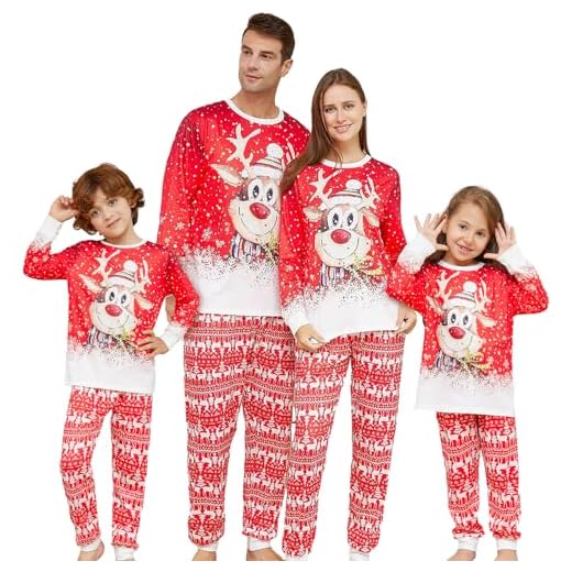Conjunto de Pijamas Navidad Familia, Pijamas Navidad con Estampado de Alces, Invierno Ropa de Dormir Cuello Redondo para Padres/Mujer/Hombre/Niños y Bebe (10T(140), Chicos)
