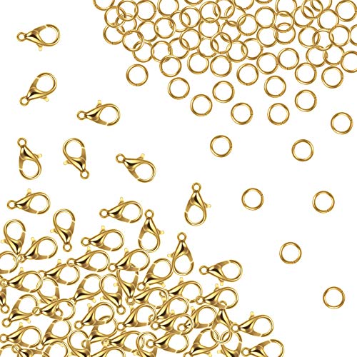 400 Pieces Lobster Claw Clasps with Open Jump Rings Set, 12 mm Lobster Claw Clasps Necklace Fasteners Hook and 5 mm Jump Rings for DIY Bracelet Necklace Jewelry Making (Gold)
