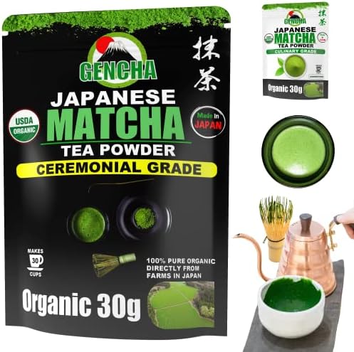 GENCHA Matcha Green Tea Powder, Ceremonial Grade Matcha, USDA & JAS Certified Organic Matcha Powder, Directly from Farms in Japan (Premium First Harvest Ceremonial Grade, 1.06 oz), 2023 NEW LAUNCH