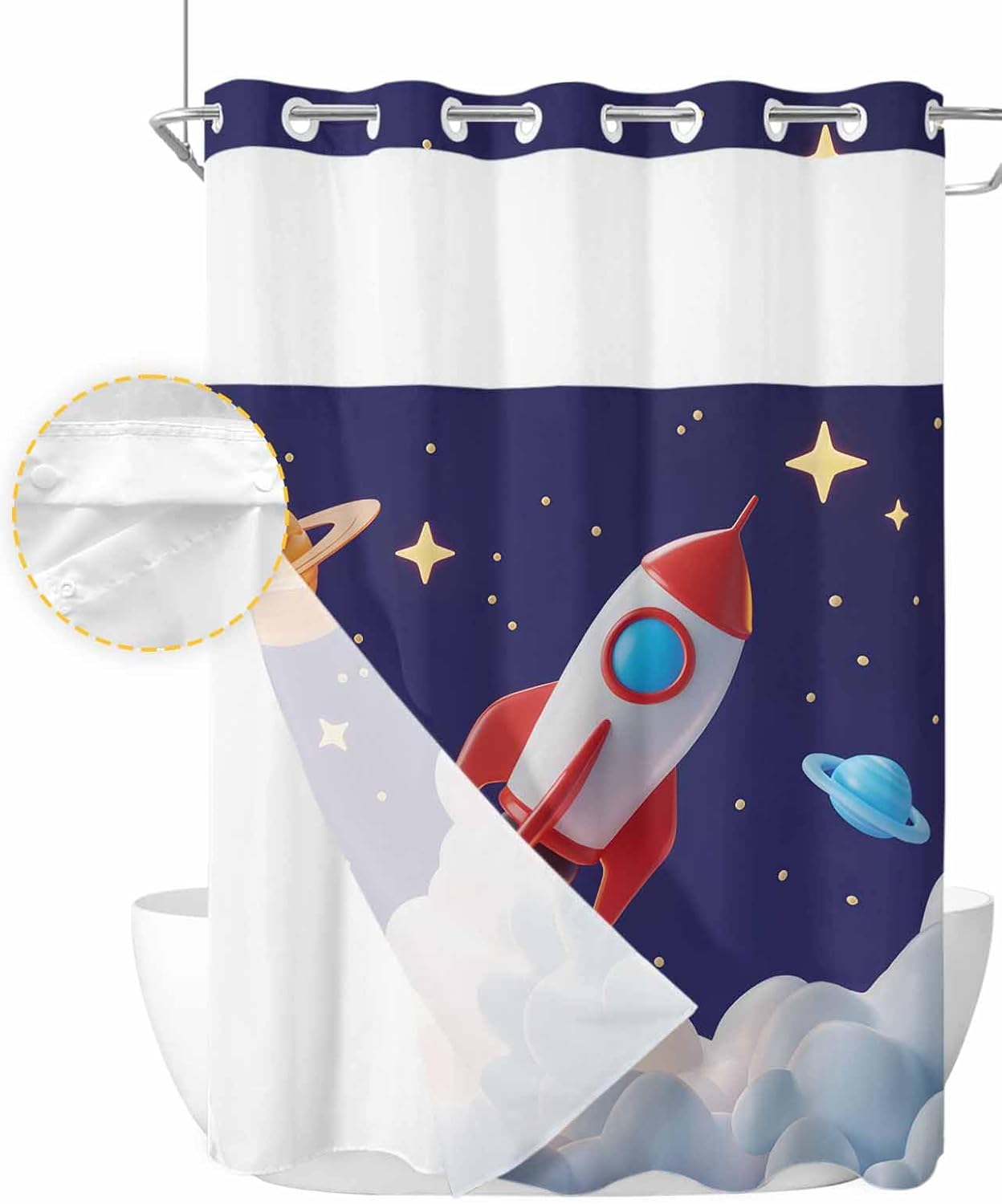 Cartoon No Hook Shower Curtain with Snap in Liner, Cute Rocket Stars Space See Through Mesh Top Window Shower Curtain for Bathroom Decor, Waterproof&Machine Washable 60" x 72"