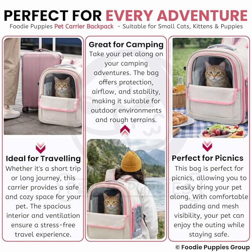 Image of Foodie Puppies Pet Carrier Backpack for Cats and Small Dogs - (Beige Pink) (41 x 33 x 24cm) l Transparent Window, Foldable Design with Pocket, Airline Approved Air Ventilation Travel Bag