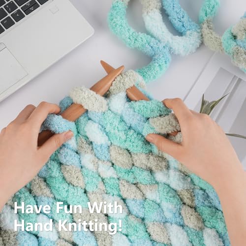 Image of Cozyful Chunky Yarn for Hand Knitting - #10 Chunky Chenille Blanket Yarn, Jumbo Big Thick Chunky Yarns for Crocheting, Tie Dye Bulky Knit Yarns, 8 Skein (20 yds 8 oz Each Skein), Khaki & Teal & Blue