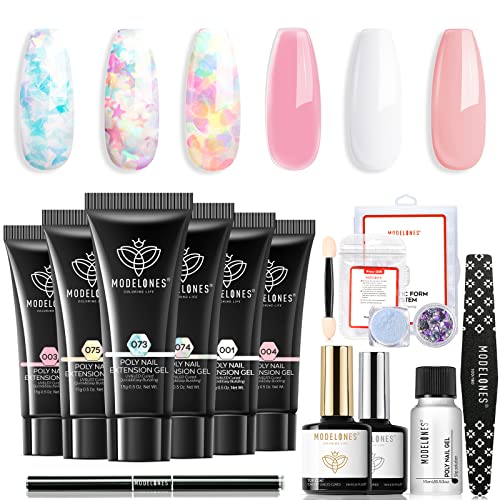 Modelones Poly Nail Gel Kit - 6 Colors Poly Extension Gel Nail Kit Nail Art Design All In One Nail Kit Nail Manicure Starter Kit DIY at Home