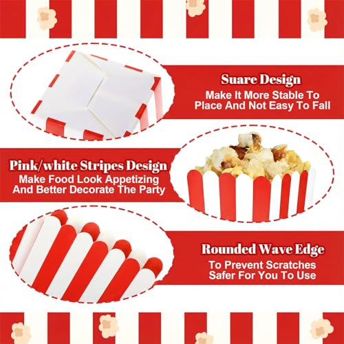 Image of 12 Pcs Paper Popcorn Boxes, Striped Popcorn Bags Decorative Containers Puffed Rice Bowl Buckets for Birthday Party Favor, Movie Nights, Party Favors, and Carnival Themed Events, Red and White