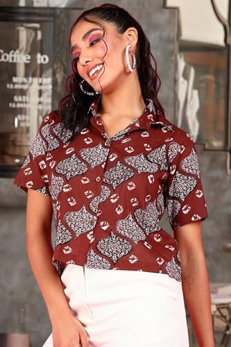 Image of POPWINGS Ethnic Printed Cotton Half Sleeves Regular Fit Crop Shirts for Women Stylish Western Casual Wear