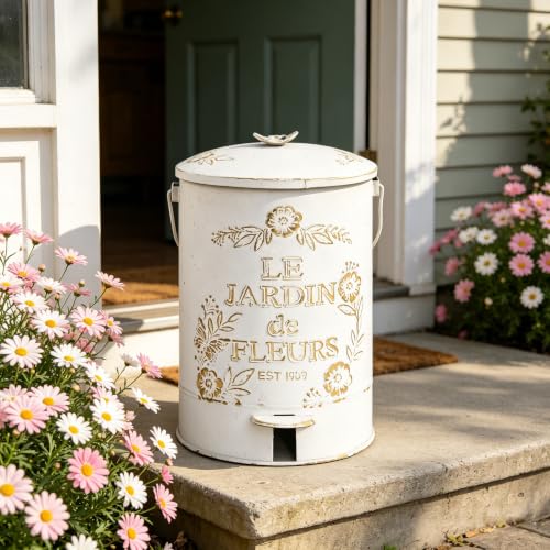 Caneca de basura metálica blanca con tapa y pedal 8 litros
