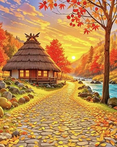 Xpdnmilq Kit de punto de cruz de 11 quilates con patrón e instrucciones para principiantes y adultos, kit de bordado artesanal para decoración de pared, paisaje otoñal, 40 x 50 cm