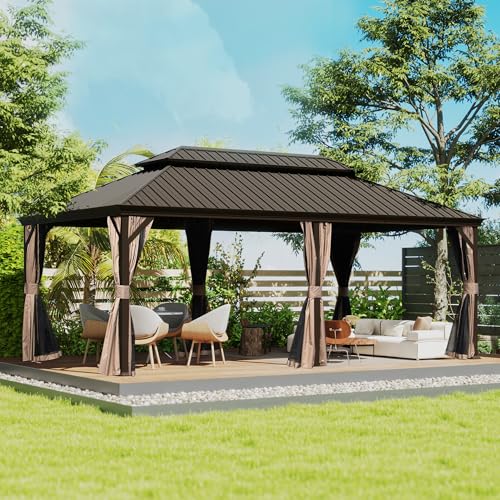 Domi 12' X 18' Hardtop Gazebo, Upgraded Metal Gazebo with Drainage System, Dual-Layer Galvanized Steel Roof, Curtain and Netting, Outdoor Shelter Canopy for Patio, Garden, and Backyard, Brown
