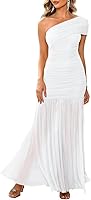 LAGSHIAN Women's One Shoulder Ruched Bodycon Maxi Dress - Elegant Sleeveless Formal Evening Gown
