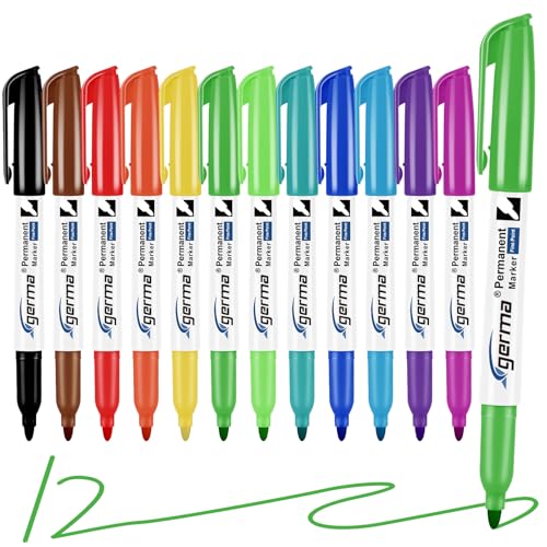 Cgerma Permanent Markers Assorted Colors, Fine Tip, 12 Vibrant Colored Permanent Markers, Waterproof, Fade-Resistant, Works On Paper, Glass, Plastic, Metal For Kids, Adults, Office &Amp; School Supplies