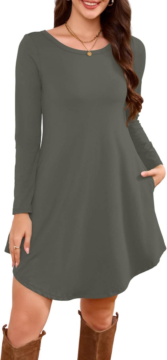 DEARCASE Women's Long Sleeve T Shirt Dress Crewneck Knee Length Loose Casual Flowy Swing Tunic Dresses with Pockets