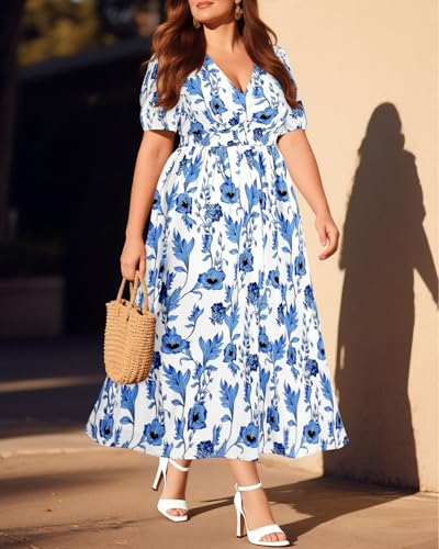 Image of Pinup Fashion Plus Size Wedding Guest Chiffon Semi Formal Maxi Dress | Chiffon, V-neckline, short sleeves, shirred waist, textured floral pattern, maxi length, versatile for all seasons